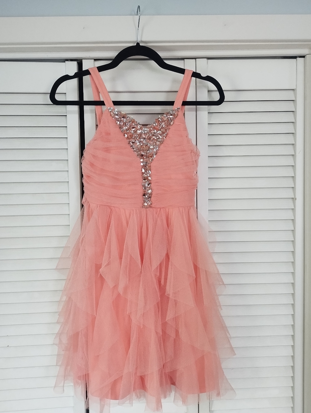 Girls' Coral Ruffle Tulle Party Dress with Sequin Bodice